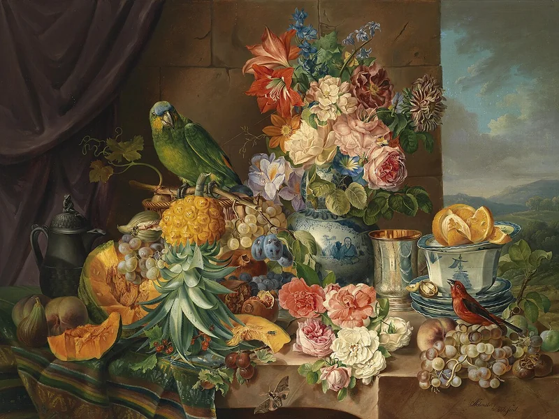 1812-Joseph Schuster - Grande natura morta con frutta, fiori e un pappagallo